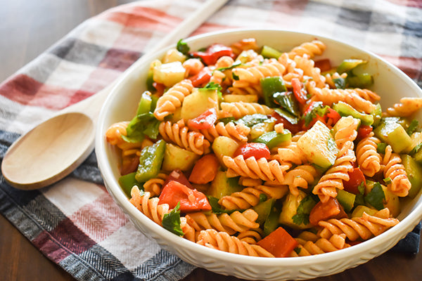 chili lime pasta salad in bowl