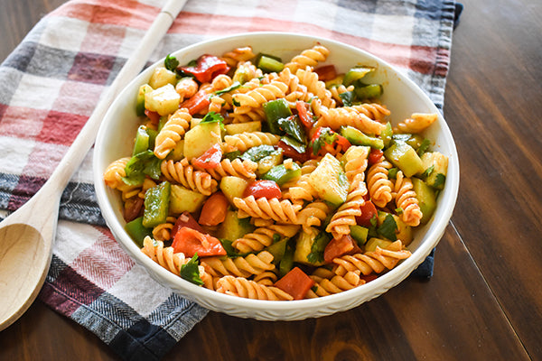 chili lime pasta salad in bowl 