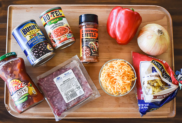 ingredients to make bison taco pasta bake 
