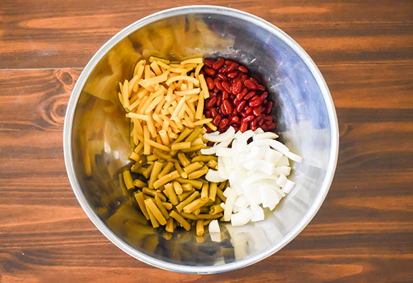wax beans, kidney beans, green beans, and onion in bowl