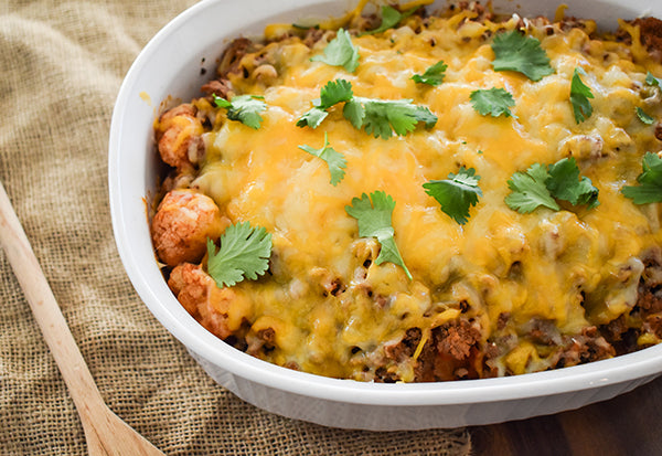 taco cauliflower bake in baking dish ready to serve