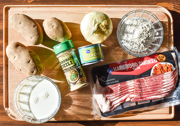 ingredients for green chile bacon potato soup potatoes, onion, flour, milk, diced green chiles, bacon, and chugwater chili green chili seasoning