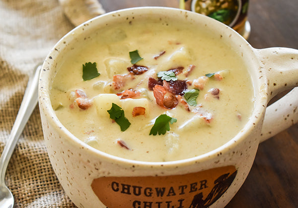 green chile bacon potato soup in bowl ready to eat