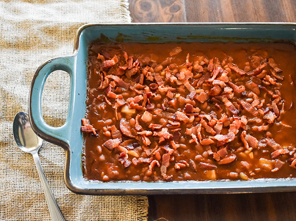 Loaded Baked Beans In Baking Dish