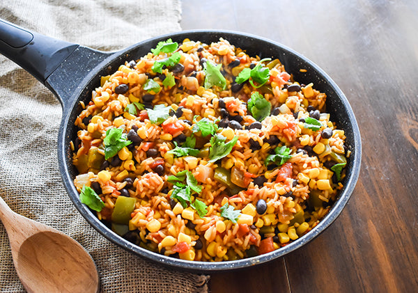 Easy Southwest Rice in skillet ready to eat