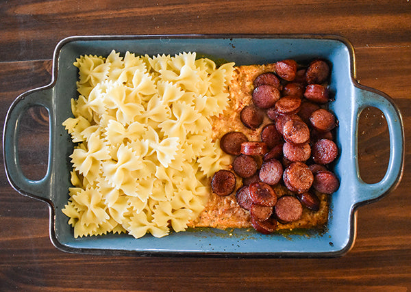 Pasta and smoked sausage added into the feta tomato sauce