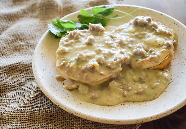 cream green chile gravy over biscuits 