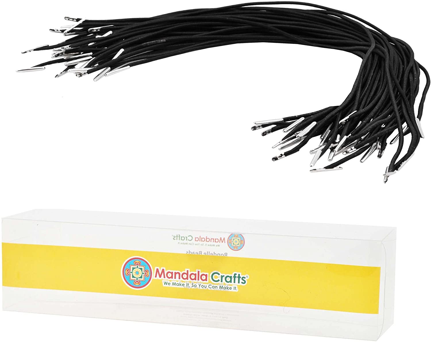 Mandala Crafts Elastic Barbed Cord, Stretch Loop Band with Metal Ends for Masks, Hats, Menus, Badges, Signs; 18 Inches 50 Loops, Black