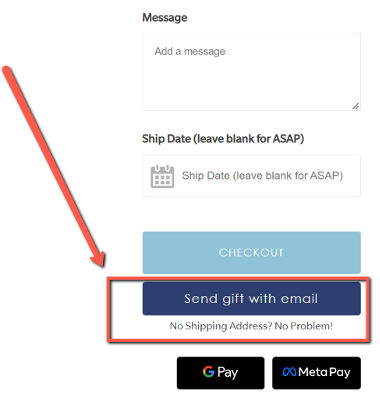 Image shows a red arrow and bow around a button that says Send Gift with Email