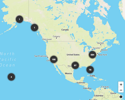 Image shows map of North America with numbers in black circles indicating the number of local stores in the area.