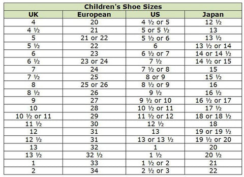 Foot Length To Shoe Size Chart Child