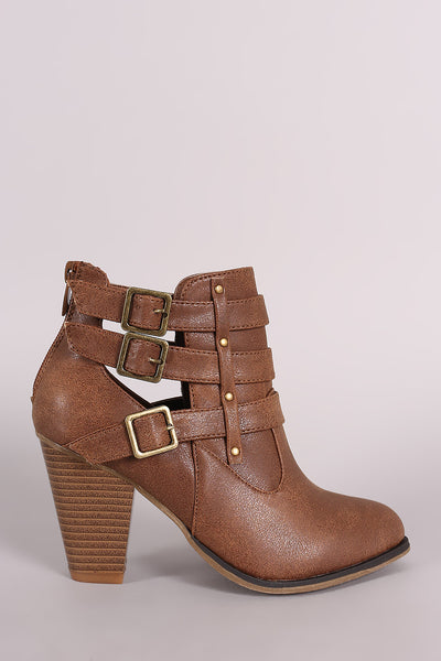 Buckled Side Cutout Chunky Heeled Ankle Boots
