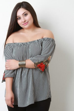 Floral Patch Off-The-Shoulder Striped Top