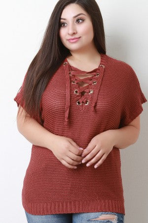 Loose Knit Lace-Up Short Sleeves Sweater Top