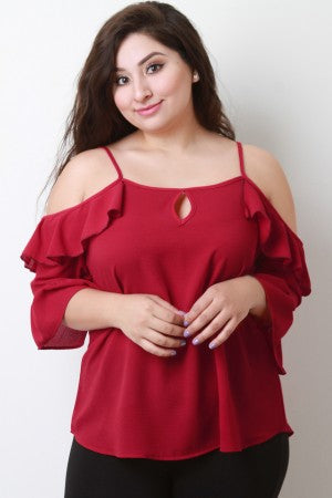 Ruffled Cold Shoulder Trumpet Sleeve Top