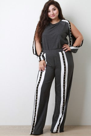 Striped Snap Button Slit Sweatpants