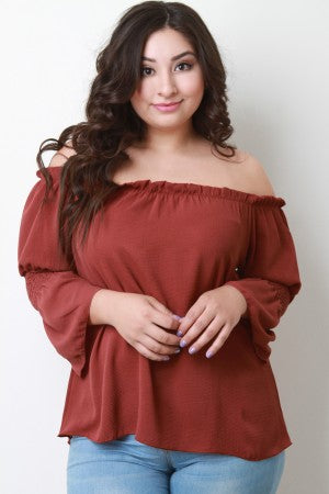 Ruffled Off The Shoulder Smocked Long Sleeve Top