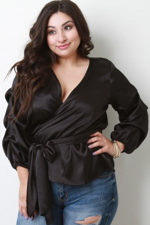 Satin Ruched Statement Sleeve Waist-Tie Top