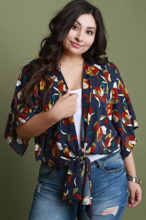 Floral Self-Tie Slit Sleeves Cardigan