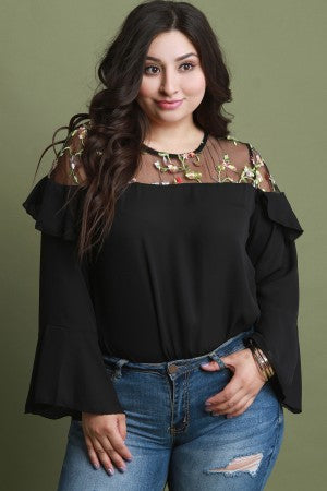 Floral Embroidered Mesh Yoke Trumpet Statement Sleeve Top