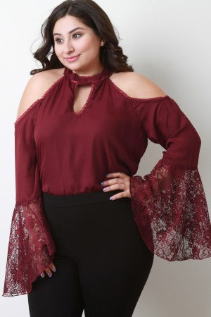 Trumpet Lace Sleeves Cold Shoulder Top