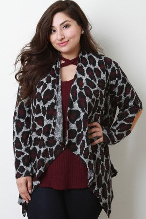 Leopard Contrast Elbow Patch Open Front Cardigan