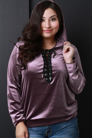 Velvet Lace-Up Hoodie Top