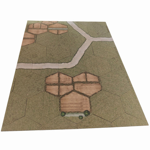 Flex Hex board with dirt roads and fallow fields