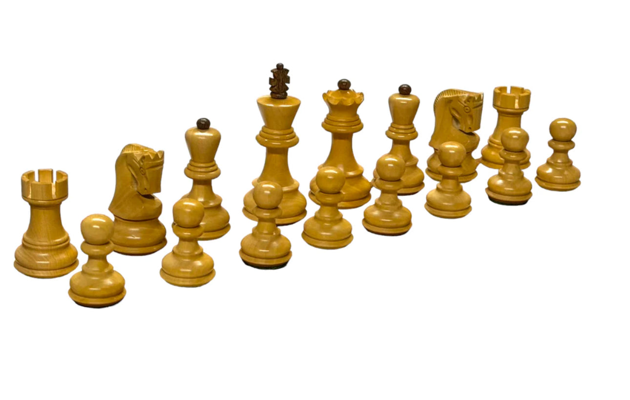 Elegant wooden chess pieces set with king, queen, rook, knight, and pawns