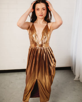 Songbird Plunge Midi Dress - Gold