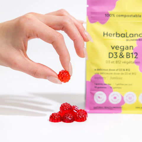 hand holding Herbaland vitamin d3 and b12 gummy