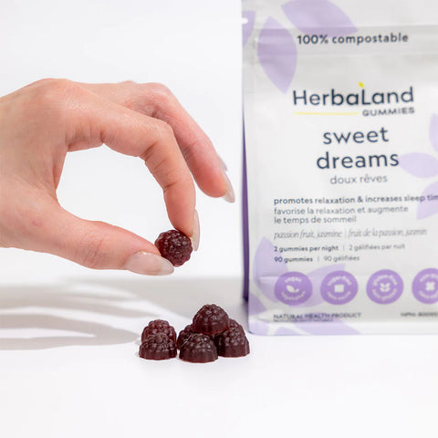 Hand holding Herbaland's Sweet Dreams sleep gummy