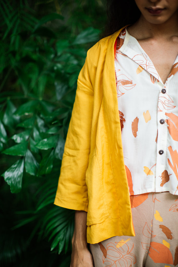 Shelby shirt - handprinted with leaf pattern - made from deadstock white rayon fabric