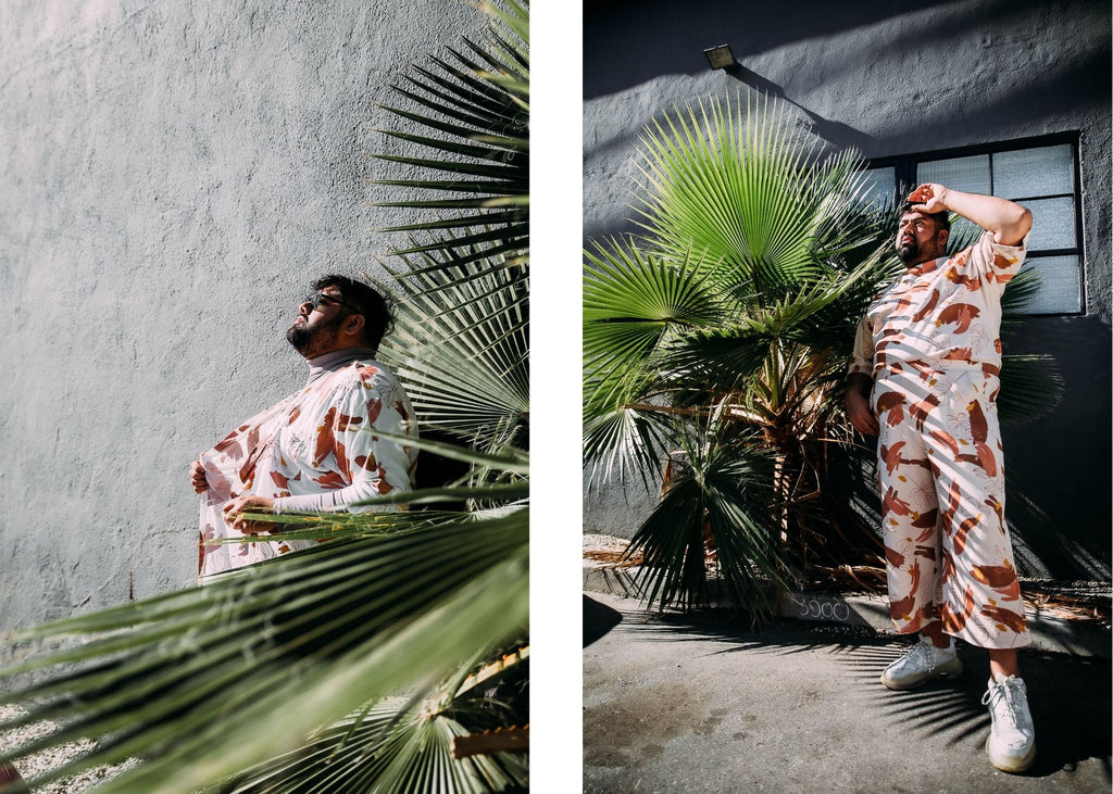 Shams Ahmed models clothing from our tonlé x plantkween collection https://tonle.com/collections/plant-kween-x-tonle-collection/products/torey-tunic