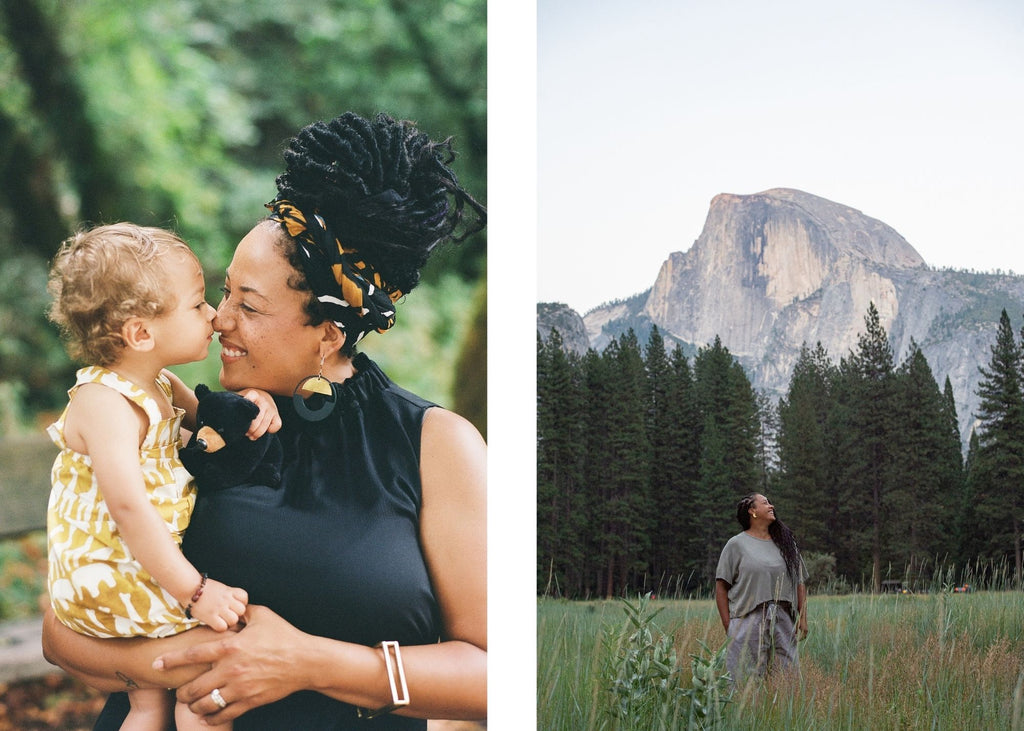 Chloe Jackman wears tonlé zero waste clothing with her son and at Yosemite https://tonle.com/collections/bestsellers/products/nearady-top