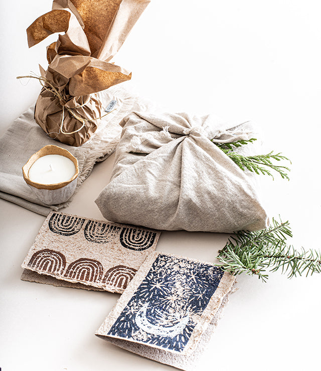 A selection of tonlé gift items sustainably wrapped for the holidays