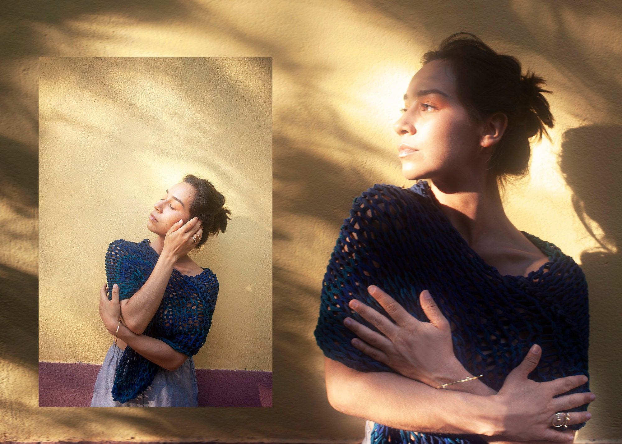 A woman in a diptych image wearing a handknit teal poncho in front of a yellow wall in the sunlight