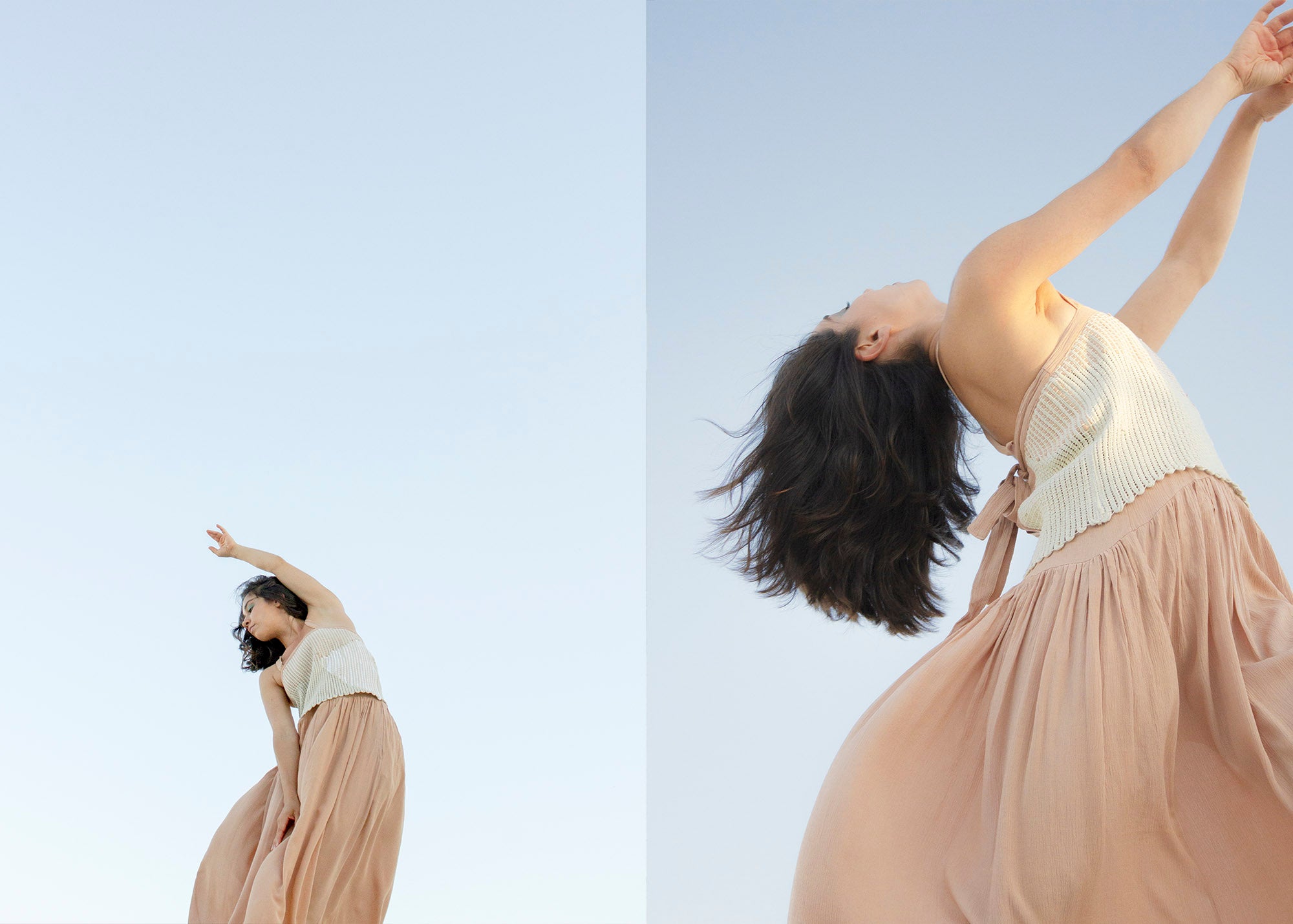 woman dancing wearing a light tan naturally dyed and handwoven dress in front of a blue sky