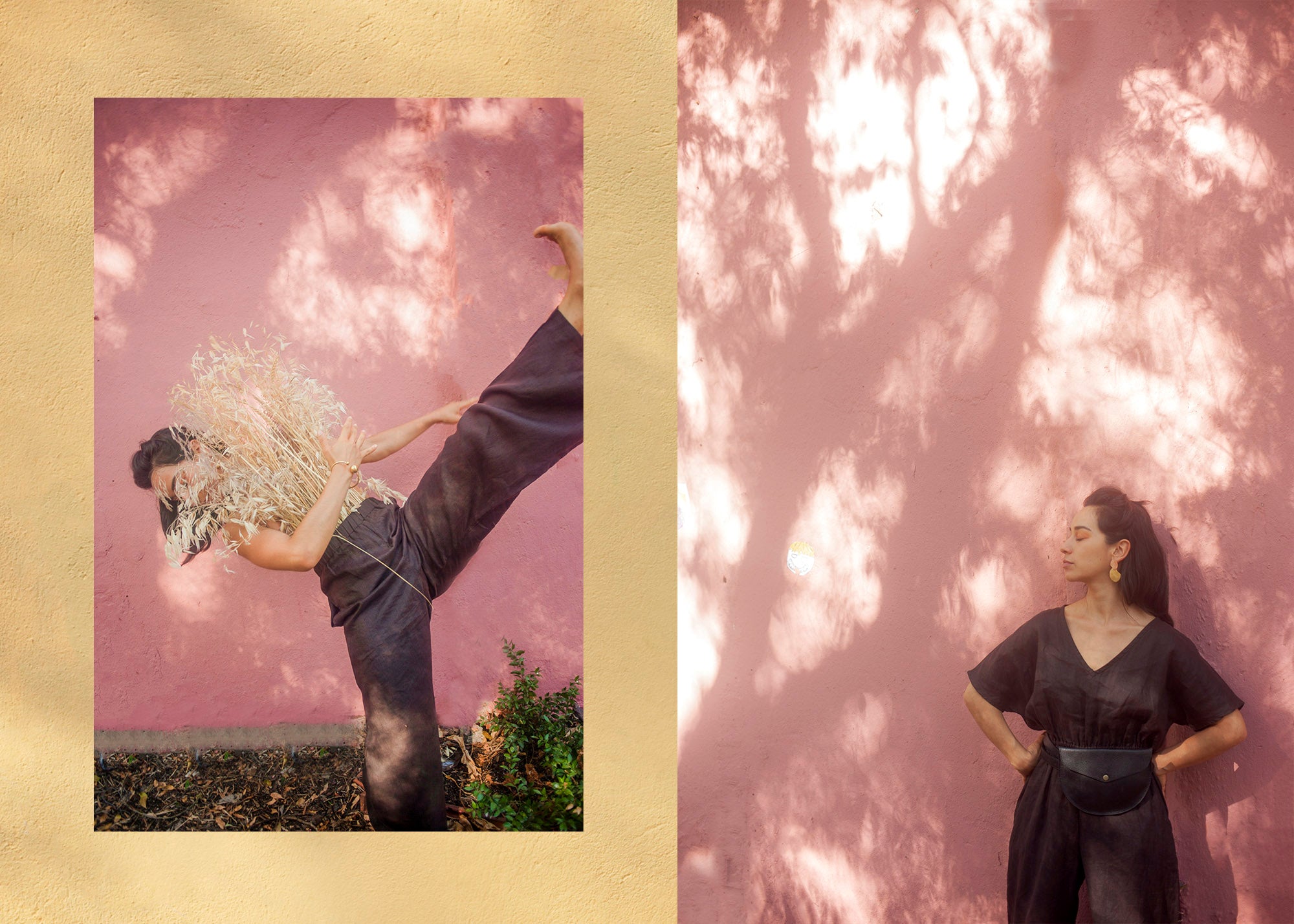Woman dancing wearing chocolate drawstring pants with greenery and a pink wall