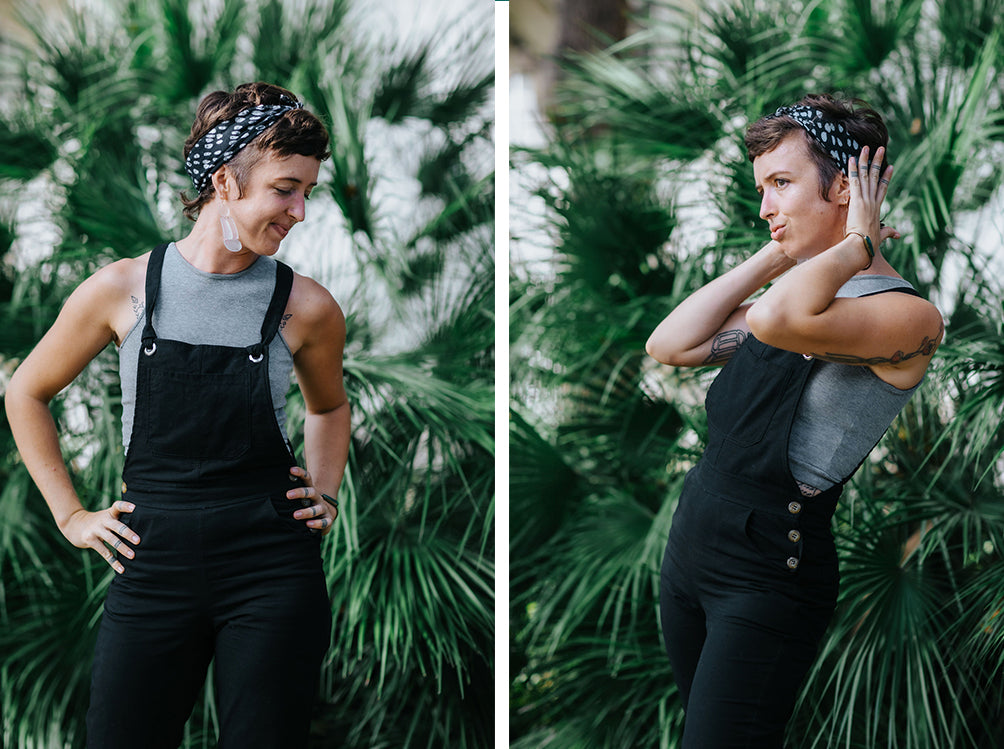 Jess wearing the zero waste RJ overalls in black standing in two different poses.