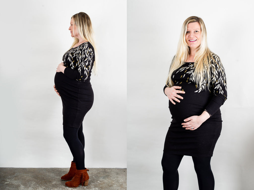 Body con black and gold ethical and sustainable maternity dress by tonlé