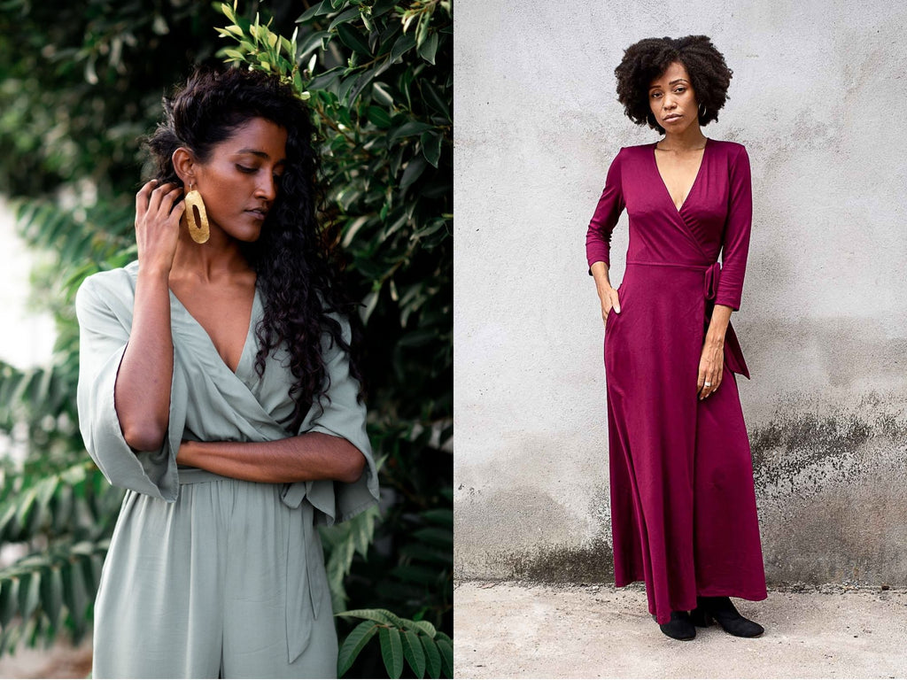 Side by side image of two models, one wearing our sage green jumpsuit with flowing sleeves, the other wearing a wine red flattering wrap dress