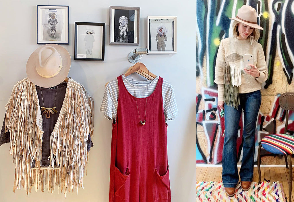 Jill from tonlé featured retailer Spoils of Wear showcasing our zero waste Priya sweater