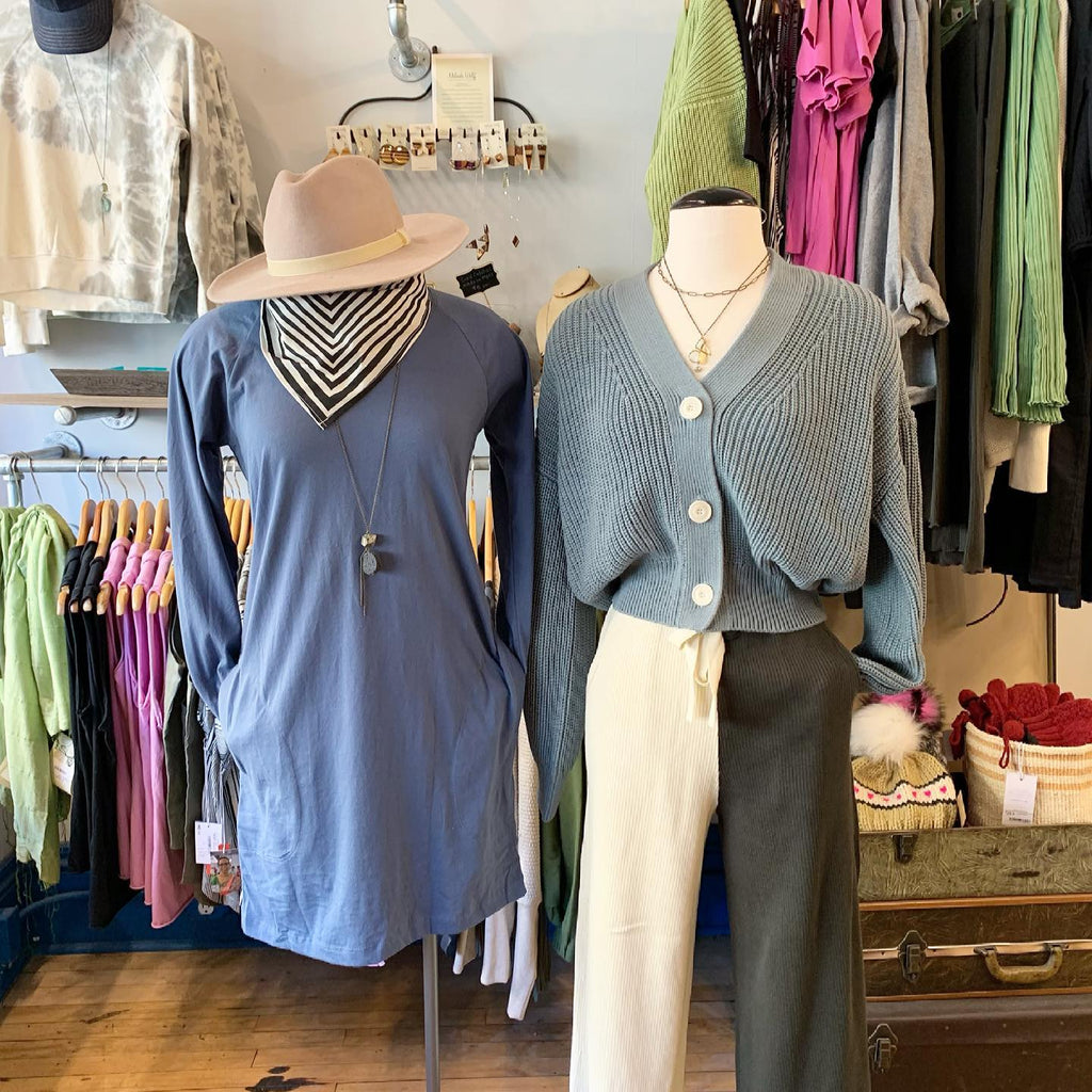 tonlé's Khema Dress in dusty blue at Spoils of Wear, a sustainable boutique in St. Paul