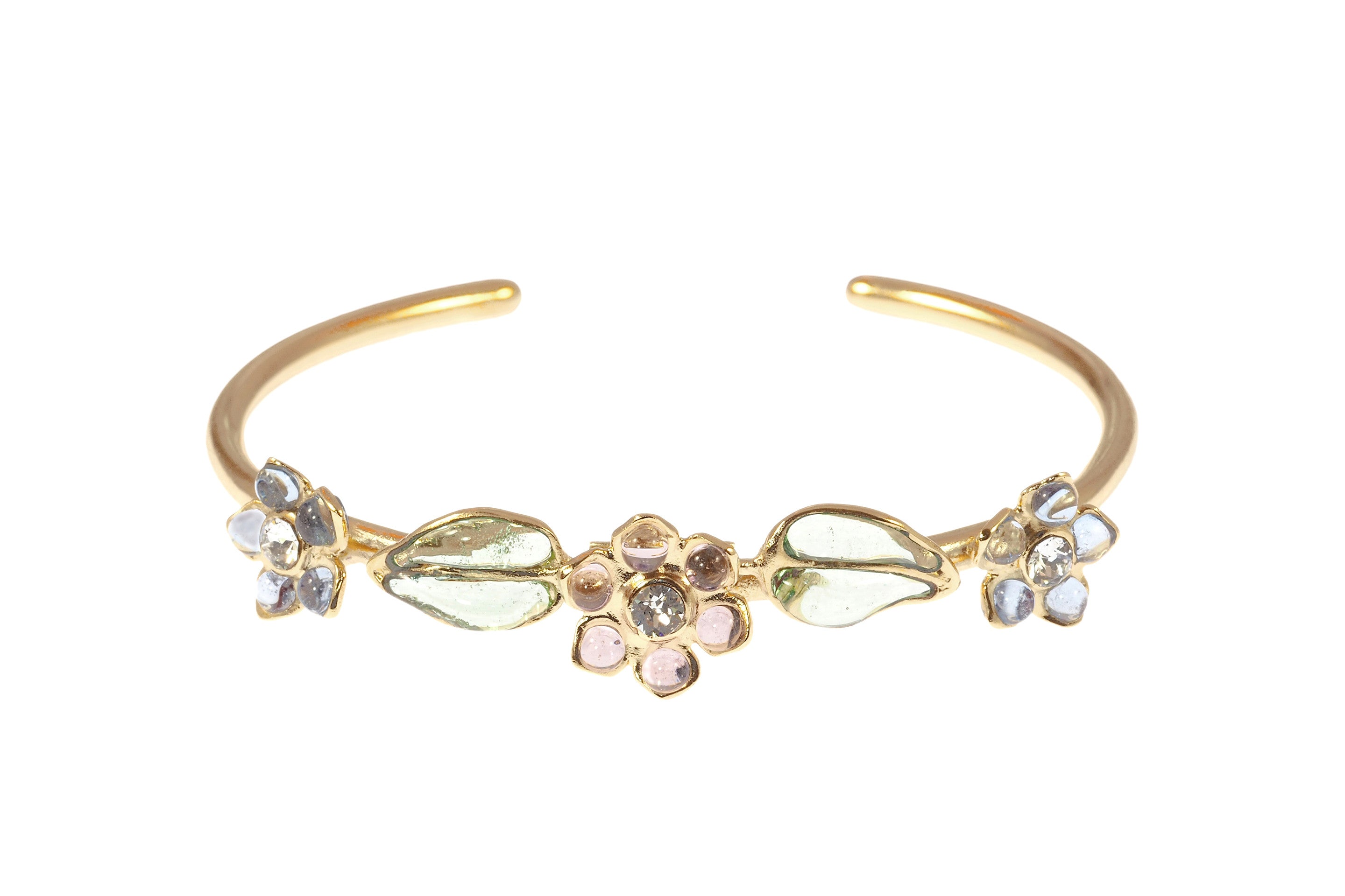 Gripoix Paris Glamour Open Bangle Bracelet with Flowers and Leafs