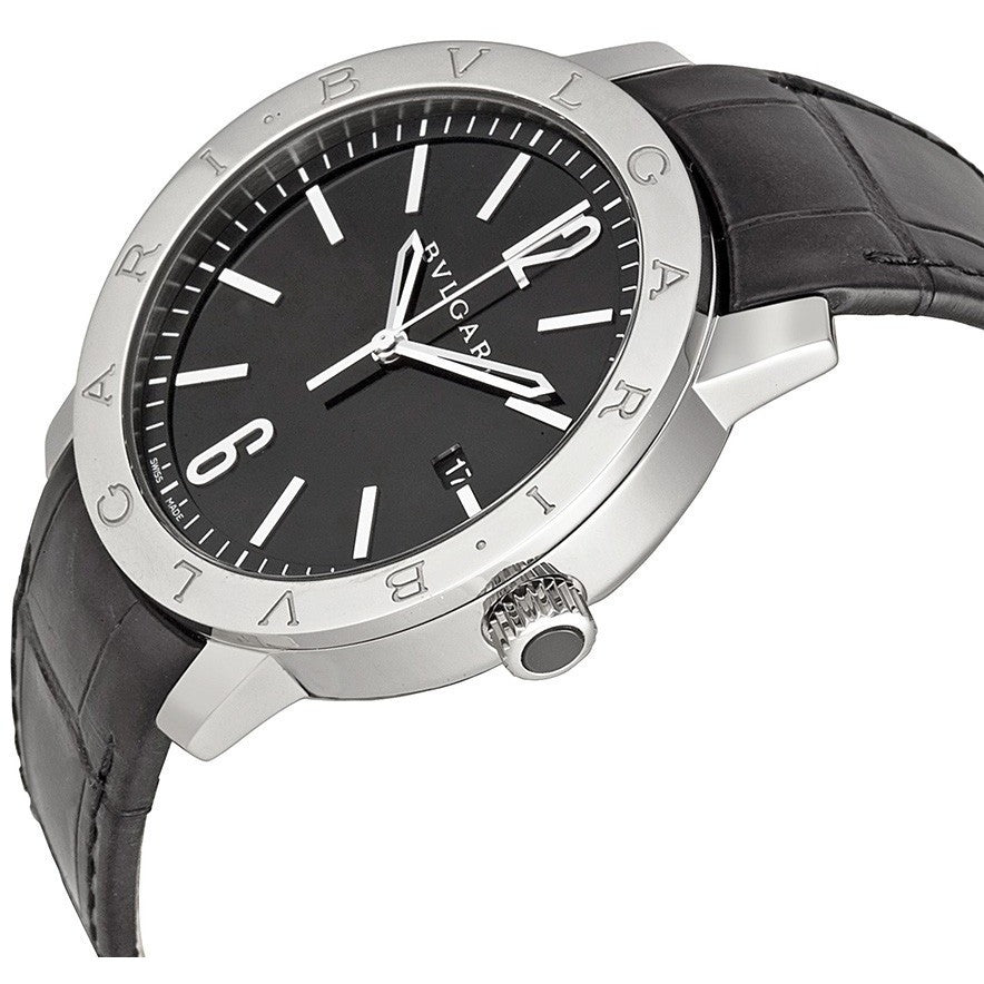 bvlgari automatic black dial black leather men's watch