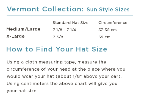 Vermont Collection Sun Style Straw Hats Size Chart - Turtle Fur