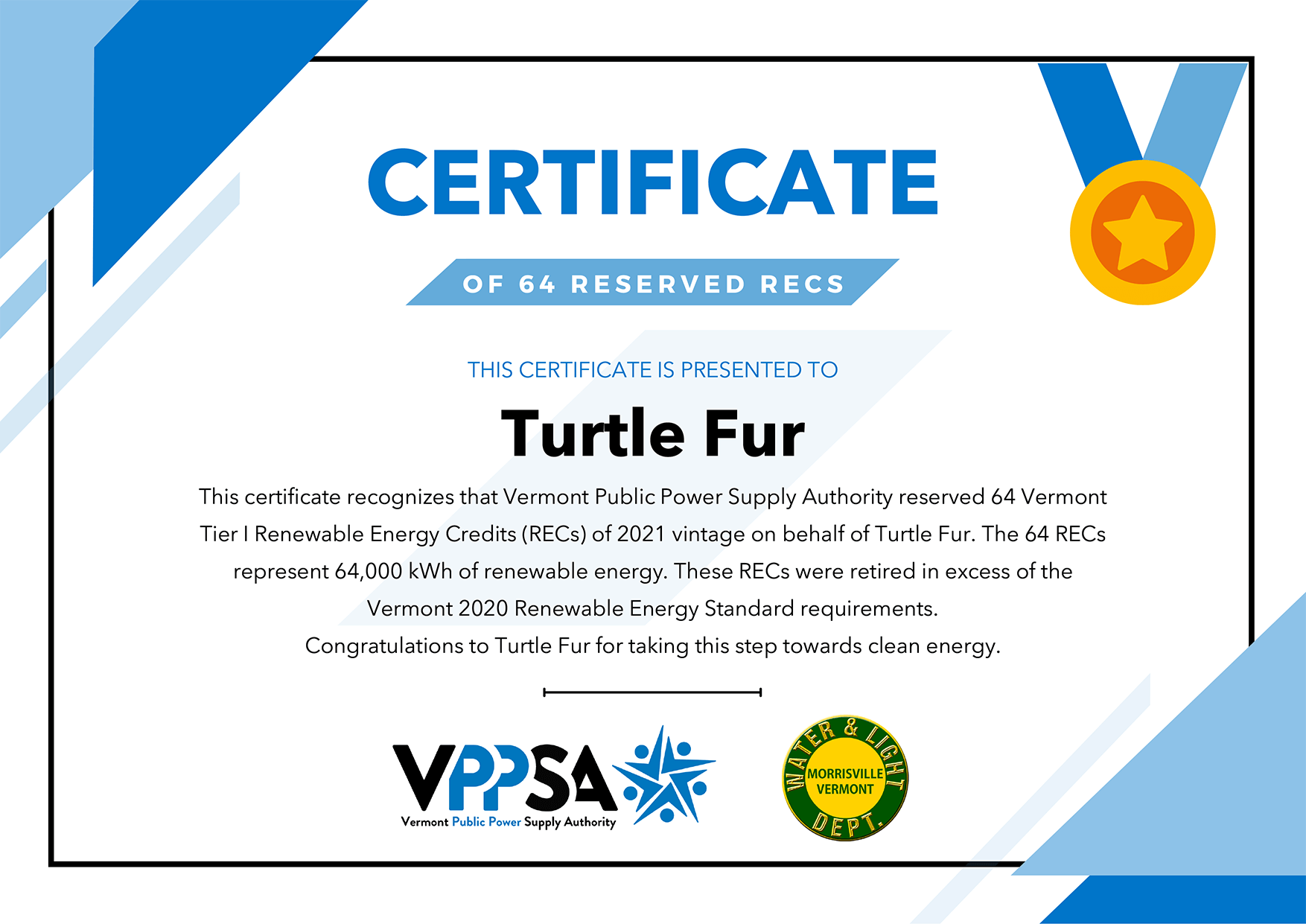 Turtle Fur Certificate of Renewable Energy Credits