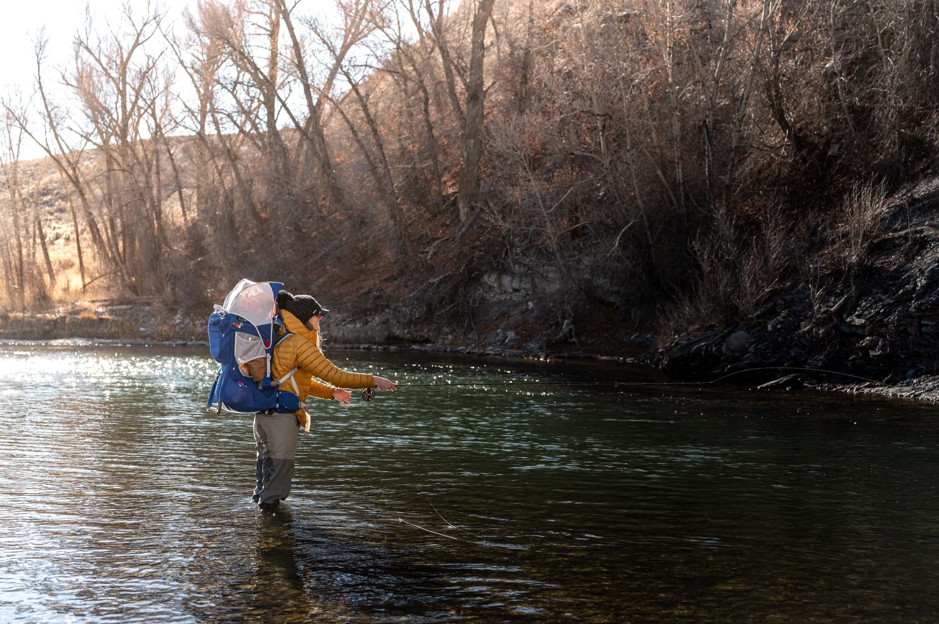 fly fishing in the winter, fly fishing with a baby