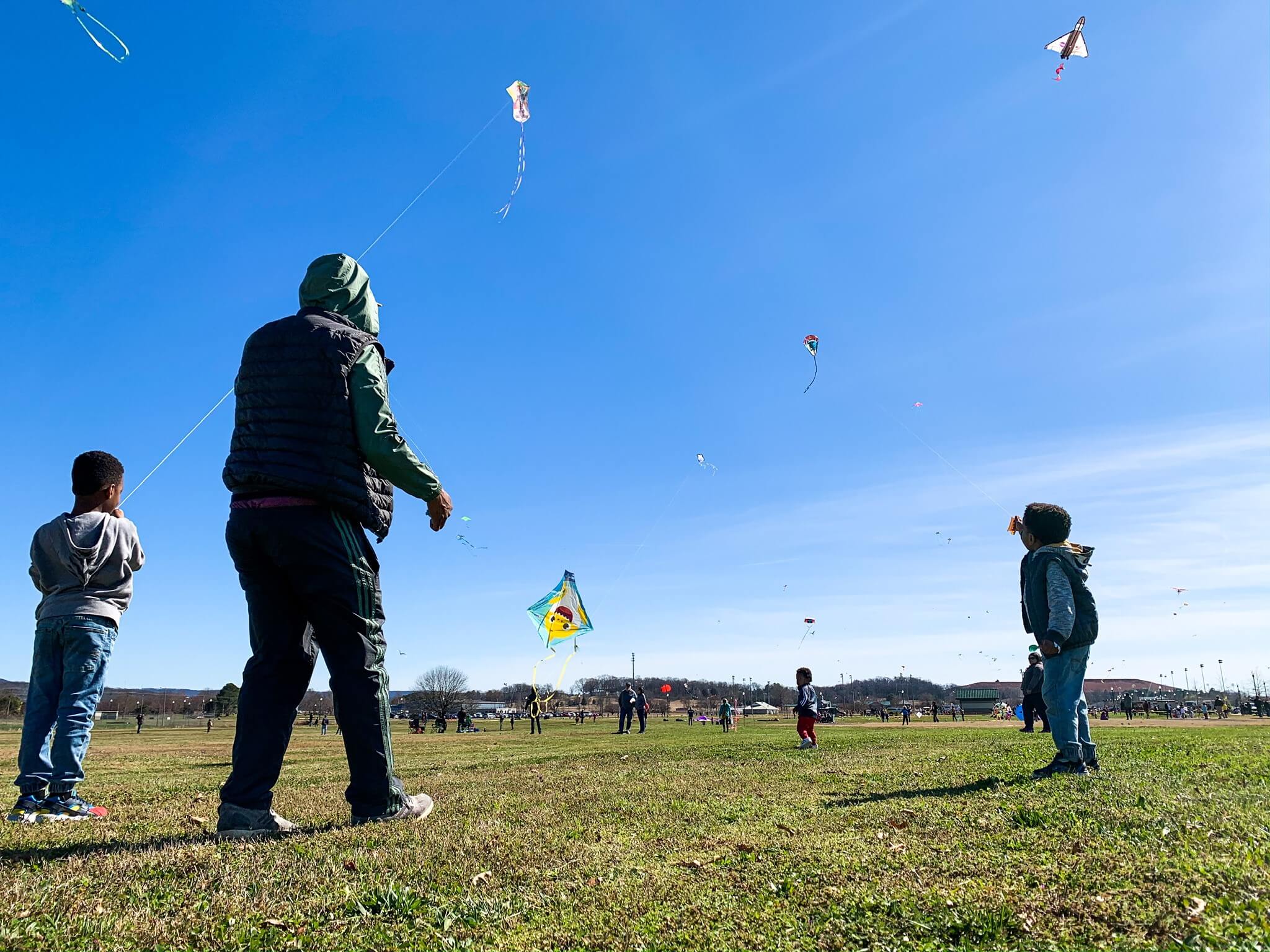 family flying kites in a field